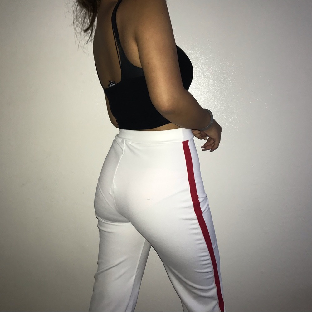 White and red pants with ribbon details